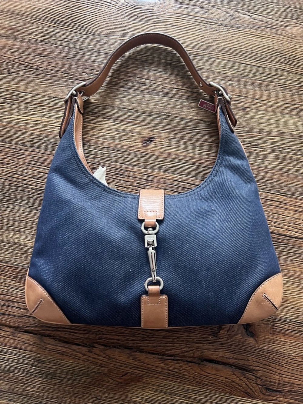 Coach Navy Canvas Shoulder Bag with Tan Leather Trim
